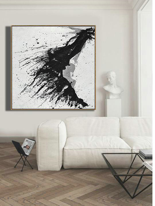 Large Contemporary Art Acrylic Painting,Minimalist Drip Painting On Canvas, Black, White, Grey - Original Modern Art,Large Wall Art Handmade